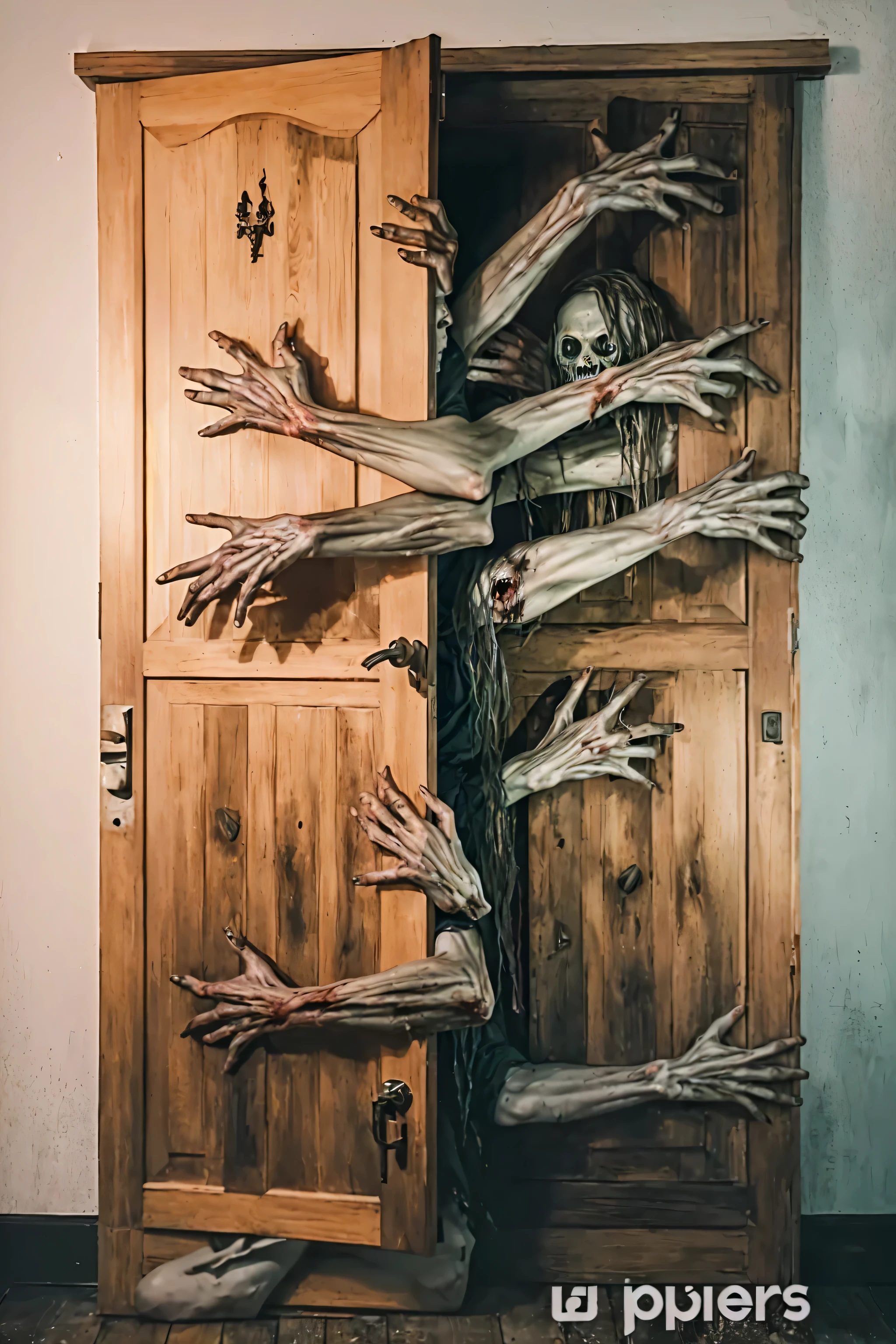 a closeup of a person coming out of a wooden door, horror surreal art, Zombie arms in front, too many hands in all directions, albi albi, creative photo manipulation, too many hands, Creepy photography, Lt. Aleksander Kobzdej, Alexey Egorov, horror photography, by Joze Ciuha, Creepy Spiritual Creepy Image