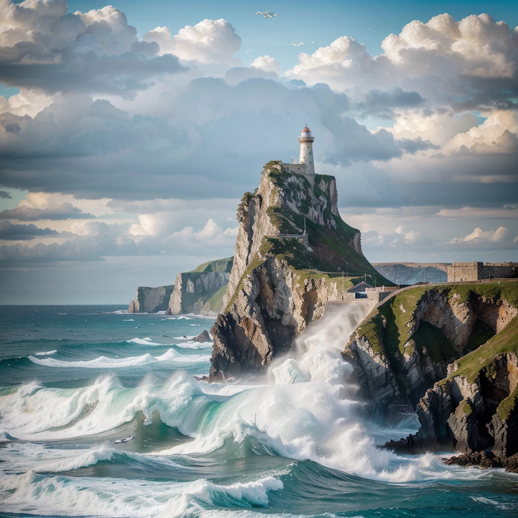 Depict a coastal landscape where a mountain range extends to meet the crashing waves of the sea. Paint the mountains with rugged cliffs and lush vegetation, showcasing their dramatic presence. Use bold brushstrokes to depict the waves crashing against the rocky shore, capturing the power and energy of the sea. Include seagulls soaring overhead or a lighthouse perched on a cliff for added interest.