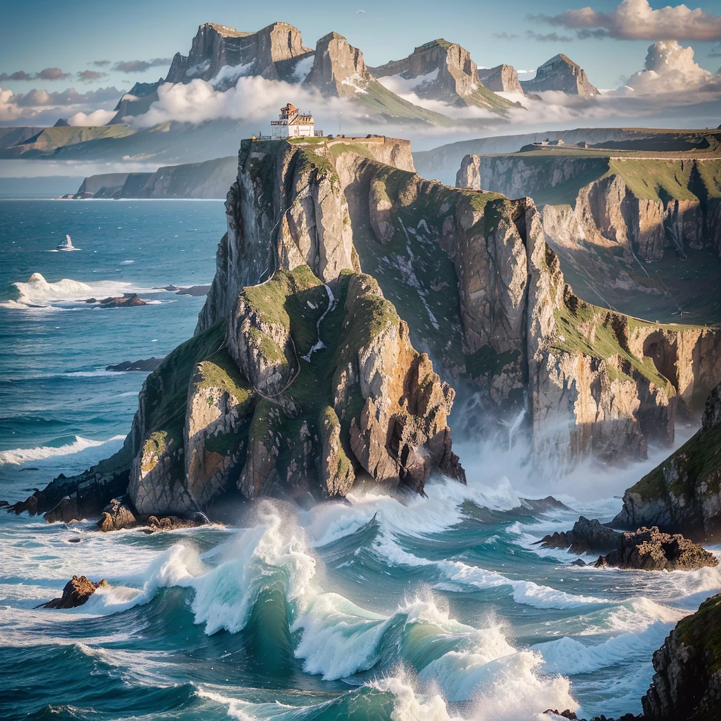 Depict a coastal landscape where a mountain range extends to meet the crashing waves of the sea. Paint the mountains with rugged cliffs and lush vegetation, showcasing their dramatic presence. Use bold brushstrokes to depict the waves crashing against the rocky shore, capturing the power and energy of the sea. Include seagulls soaring overhead or a lighthouse perched on a cliff for added interest.