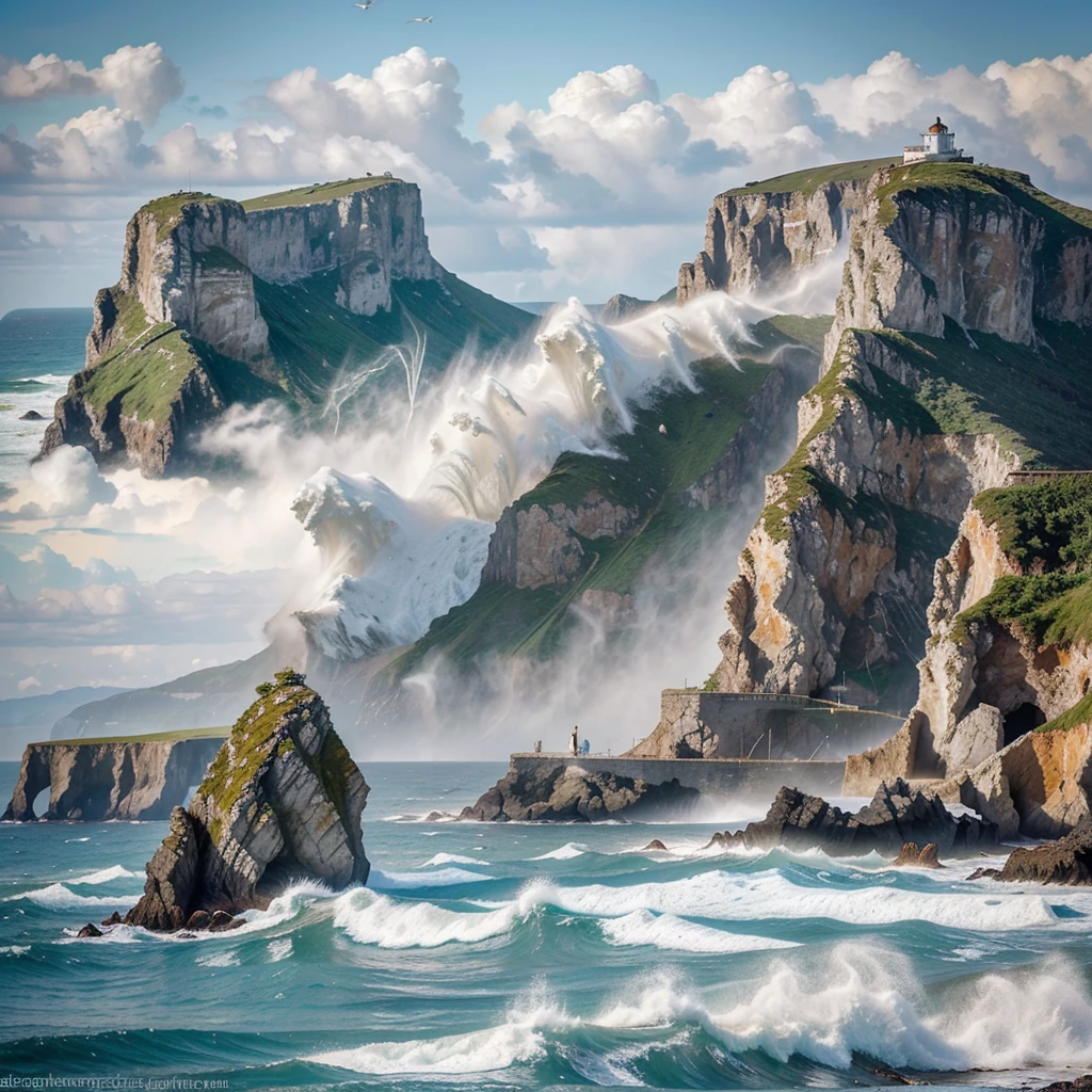 Depict a coastal landscape where a mountain range extends to meet the crashing waves of the sea. Paint the mountains with rugged cliffs and lush vegetation, showcasing their dramatic presence. Use bold brushstrokes to depict the waves crashing against the rocky shore, capturing the power and energy of the sea. Include seagulls soaring overhead or a lighthouse perched on a cliff for added interest.