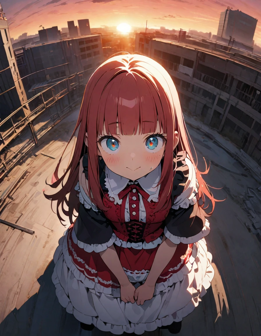 (8K, best quality, master piece: 1.2), super high resolution,novel illustration,1girl,16yo,ultra-detailed face,detailed eyes,mascara,:>,red hair,bashful,Cherry pattern Lolita Fashion(red:1.4),cute,crimson Bustier,Straight Hair,Long Hair,blunt bangs,Sitting on top of a construction site,Shot from above,Reddish Sky at Sunset,Natural light,Fisheye,no black picture