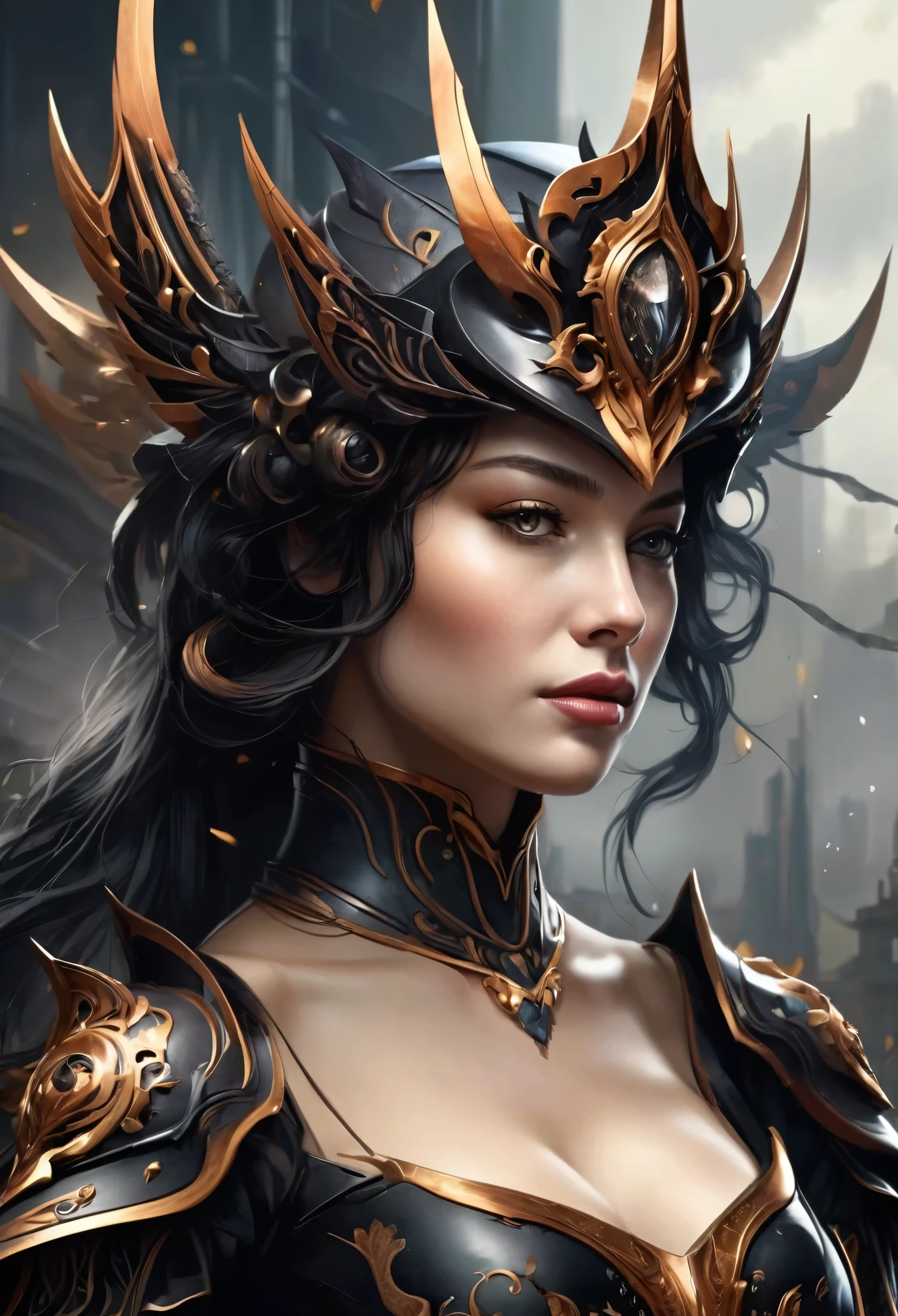 (best quality,4k,8k,highres,masterpiece:1.2), ultra-detailed, (realistic,photorealistic,photo-realistic:1.37),(Numerous award-winning masterpieces, incredibly detailed and textured, maximal resolution and clarity), (Hyper-realistic:1.4), (Realistic:1.3), Imagine a formidable female knight, her presence both terrifying and mesmerizing, inspired by the sinister beauty of a black rose. Her appearance exudes an aura of dark elegance and unyielding strength, a true embodiment of the deadly flower she represents.
Her armor is a masterpiece of gothic design, crafted from dark, obsidian-like metal that gleams with a menacing sheen. The armor is intricately detailed with swirling patterns that mimic the delicate petals of a rose, each curve and flourish adding to the aura of dark beauty. The pauldrons are adorned with sharp, thorn-like protrusions, giving her an intimidating silhouette and ensuring that her enemies are kept at bay.
Her helmet, designed to resemble a blooming black rose, features a faceplate that reveals piercing eyes the color of midnight, filled with a cold, calculating intensity. The helmet’s petals seem to unfurl around her head, creating an almost crown-like effect that signifies her regal yet fearsome nature.
