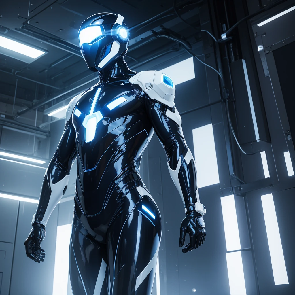 (masterpiece), (best quality), (high res) Solo, (perfect anatomy) Dronificated unknown man in a fully (enclosed blue latex full body suit) (white LEDs across the suit) (white glowing core in the chest), (enclosed cyber helmet) that cover his whole face and hides his identity with a white screen, strong body, muscular body, (no face) no face, no hair, no mouth, no eyes, in a office