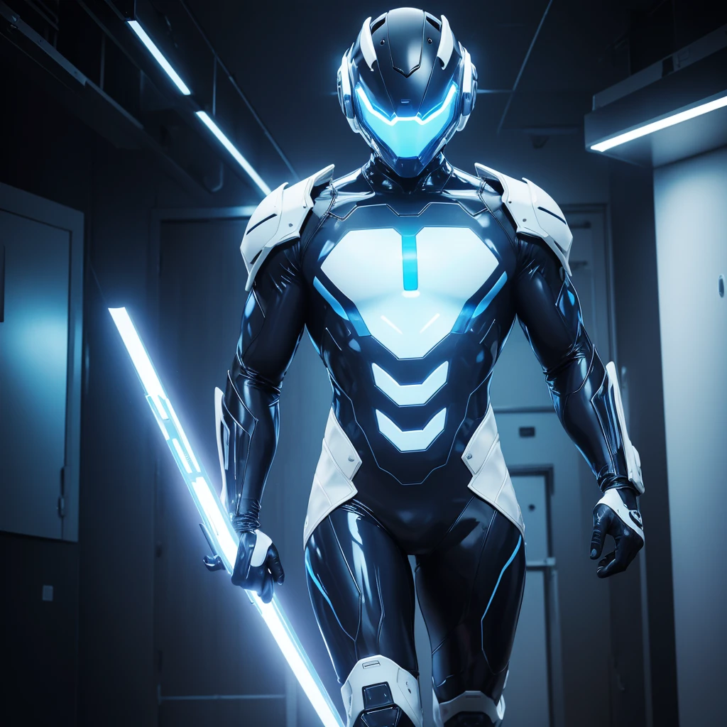 (masterpiece), (best quality), (high res) Solo, (perfect anatomy) Dronificated unknown man in a fully (enclosed blue latex full body suit) (white LEDs across the suit) (white glowing core in the chest), (enclosed cyber helmet) that cover his whole face and hides his identity with a white screen, strong body, muscular body, (no face) no face, no hair, no mouth, no eyes, in a office