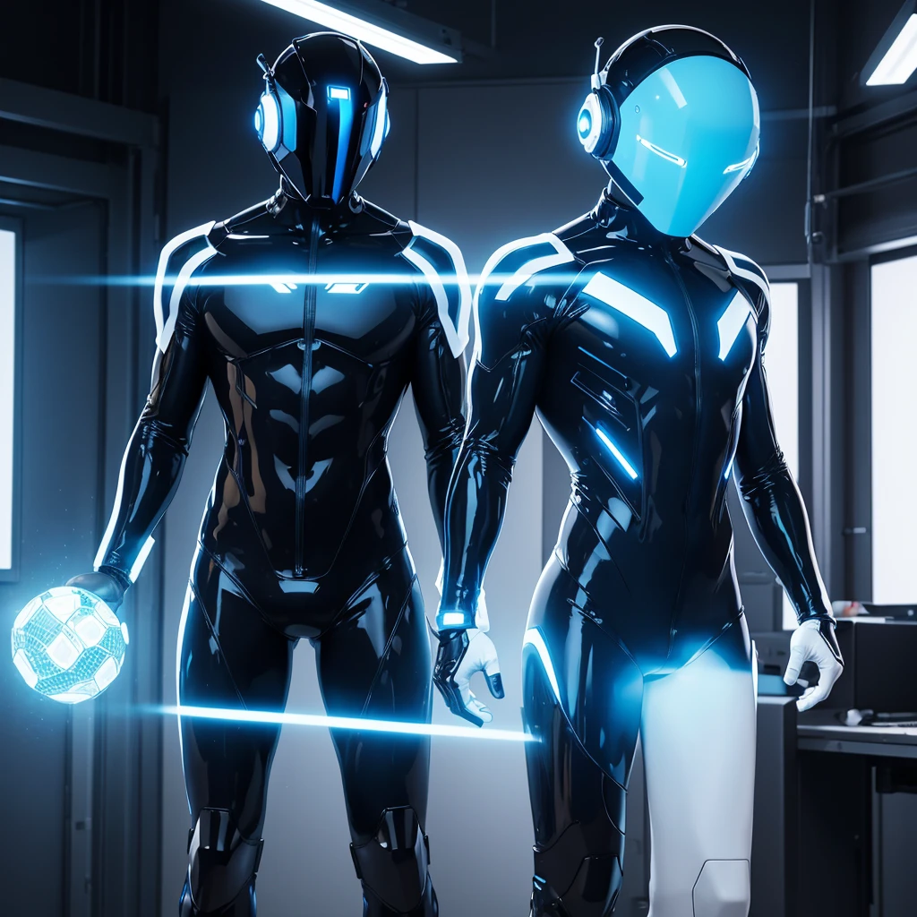 (masterpiece), (best quality), (high res) Solo, (perfect anatomy) Dronificated unknown man in a fully (enclosed blue latex full body suit) (white LEDs across the suit) (white glowing core in the chest), (enclosed cyber helmet) that cover his whole face and hides his identity with a white screen, strong body, muscular body, (no face) no face, no hair, no mouth, no eyes, in a office