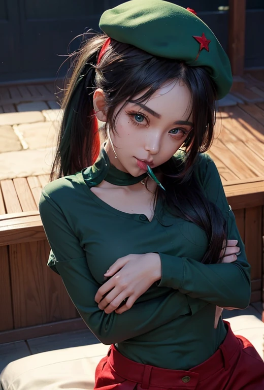 camy from stree fighter standing with legs apart、 1 pretty girl, of the highest quality、ウルトラ - high resolution、high resolution、Detailed CG、unity wallpaper 8k、20 years old、Beautiful detailed dark blue and fine eyes.,、(((Red beret )))、((( dark skin guera with cut in the mouth , dark green shirt , Short shirt , green soldier pants , neckline ,)))、(shiny body,:1.5)、 please be shy、(under the chest:1.5, Ahegao:1.5)、(Stick out your tongue and drool.)、full of shame、(A bright red bed in a love hotel、bright sheets, red and blue neon lights、ultraviolet black light)、Feel、legs open、sexy pose red bands on the hands carrot-colored guero hair a ponytail with a long train