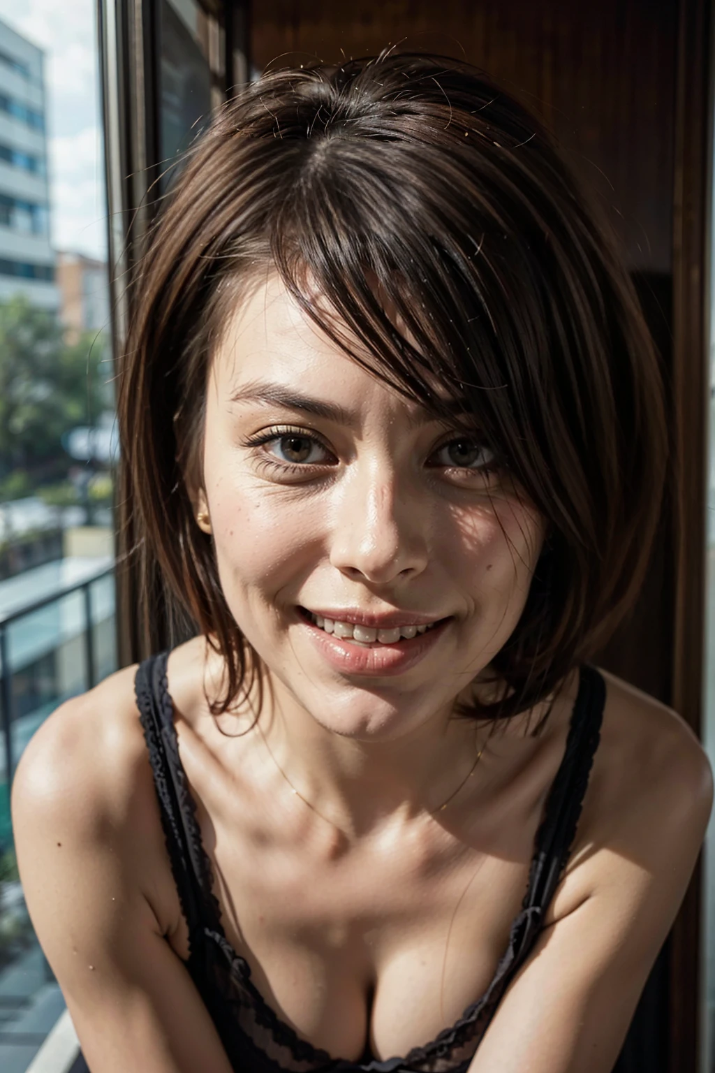 (1 lady), (Best quality at best:1.4), (ultra - detailed), (extremely detailed CG unified 16k), A Beautiful Woman with Perfect Figure: 1.4, Sharp Focus: 1.2, very detailed, High-definition RAW color photo, professional photoshooting, amazing face and eyes, cosmetics, (amazingly beautiful girl), ((kyoani haruhi style)), ((lingerie, stockings)), standing, fashion posture,(Stylish urban landscape, day light), (look from down), realistic cinematic face, head to feet long wide zoomed out view, full body long view, photorealistic, ((realistic natural chocolate brown hair style, brown honey eyes, short hair, laughing, shy laughter)), gorgeous, extremely beautiful face, perfect model beauty, pout mouth, Highly Detailed Face and Skin Texture, Detailed Eyes, Double Eyelids, Medium Natural Breasts, Smile, cleavages, western, (masterpiece), best quality, high resolution, extremely detailed, detailed background, depth of field, cinematic lighting, amazing legs, clear and well-cared skin, (size head correlative with body size),