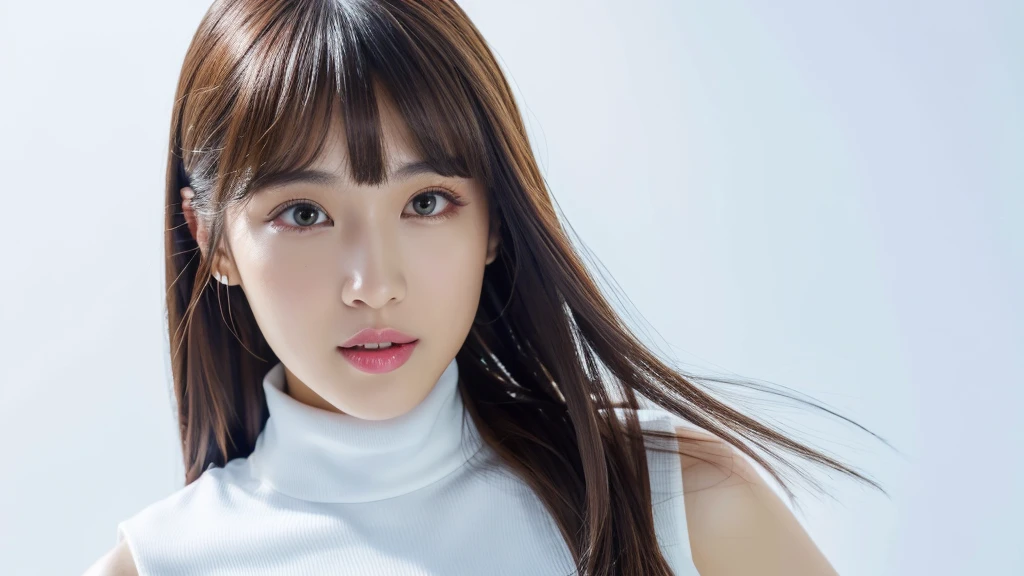(detailed face),VIVID,normal breasts,pretty,sleeveless and turtle neck white silky clothes,4k ,super high resolution ,(photo-realistic: 1.7),white background,long hair,bangs,
