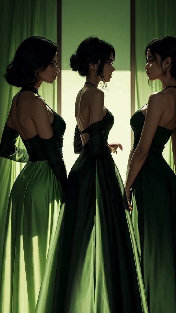 three women silhouettes with green background with black ((back line)) like a shadow