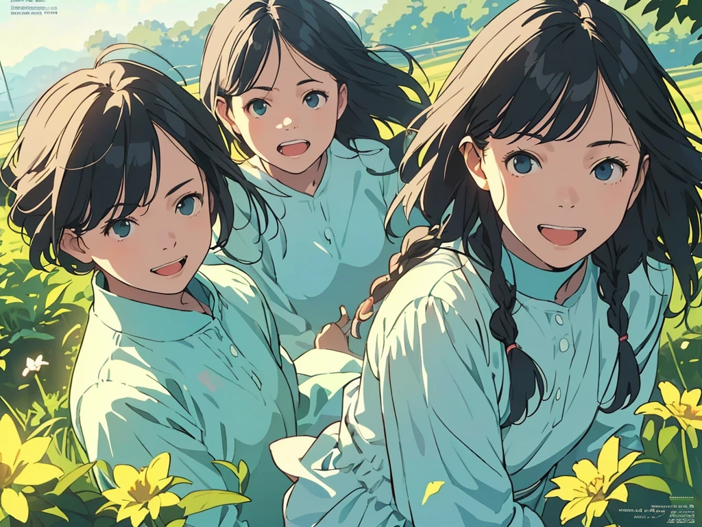 Reasonable design, Clear lines, High Sharpness, (Highest quality,8K,Perfect sharpness,Ultra fine,High resolution,masterpiece:1.2), Perfect Anatomy:1.5, Official Art, Illustrations that tell a story, (Whitish background:0. 9)、Body Positivity、多Mr.な身体表現、(Random and energetic poses)、Perfect beauty、Perfect beautiful face、Strong winds、A rich expression、Dynamic composition、smile、Golden ratio composition、colorful、((Mr.々Different angles and perspectives))、Anime Art、(Mini dress)、(Overcoming stereotypes)、 Glowing Skin、(Natural beauty)、smile、Bangs、(Soft and flowing hair)、(countryside)、(Nostalgic atmosphere)、Put up to your feet、(Playful and carefree)、(多Mr.な民族のキャラクター)、(innocent attitude)、(Sunny atmosphere)、(The skirt flutters wildly in the wind)、(Bright colors)、Beautiful Eyes、(Embarrassing)、Braided Hair、Summer Scene、Smiling among flowers、Angle from above、