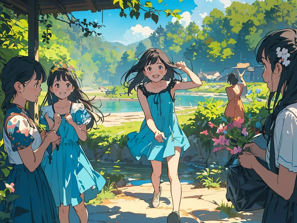 Reasonable design, Clear lines, High Sharpness, (Highest quality,8K,Perfect sharpness,Ultra fine,High resolution,masterpiece:1.2), Perfect Anatomy:1.5, Official Art, Illustrations that tell a story, (Whitish background:0. 9）、Body Positivity、多Mr.な身体表現、（Random and energetic poses）、Perfect beauty、Perfect beautiful face、Strong winds、A rich expression、Dynamic composition、smile、Golden ratio composition、colorful、（(Mr.々Different angles and perspectives)）、Anime Art、(Mini dress)、（Overcoming stereotypes）、 Glowing Skin、（Natural beauty）、smile、Bangs、（Soft and flowing hair）、（countryside）、（Nostalgic atmosphere）、Put up to your feet、（Playful and carefree）、（多Mr.な民族のキャラクター）、（innocent attitude）、（Sunny atmosphere）、(The skirt flutters wildly in the wind)、（Bright colors）、Beautiful Eyes、(Embarrassing)、Braided Hair、Summer Scene、Smiling among flowers、Angle from above、