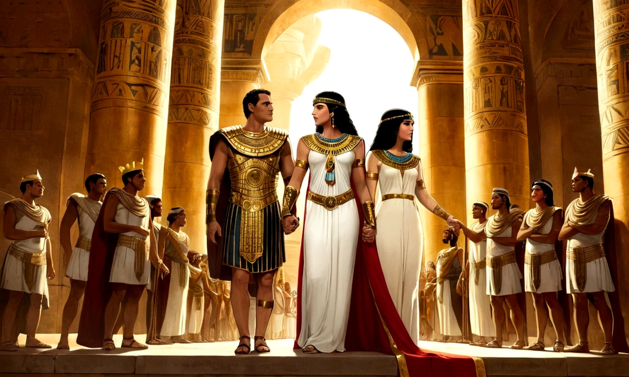 A pintura representa Julio Cesar e Cleopatra em um cenário de grandiosidade e poder. They are holding hands, symbolizing the alliance and union between Rome and Egypt. Julio Cesar, To the left, wears detailed golden armor, which enhances his status as a Roman general and leader. Sobre seus ombros, a red cape drapes elegantly, standing out against armor and symbolizing power and authority.
Cleopatra, on the right, She is dressed in a white tunic adorned with golden details that highlight her royalty and beauty. She wears a crown, reinforcing her position as queen of Egypt. The way she looks at Caesar reflects respect and perhaps a touch of affection..
Ao fundo, Roman monumental architecture extends, with tall columns and majestic buildings, full of citizens and soldiers who seem to observe the couple with curiosity and reverence. The lighting in the scene suggests a bright daytime environment, with the sun softly illuminating the central figures, creating an atmosphere of hope and promise of a new chapter in history.
The composition of the painting, with its rich colors and minute details, evokes a sense of drama and historical importance, capturing an iconic moment of power and romance in the ancient world.