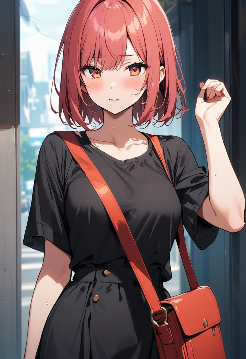 A woman crosses her shoulder bag、The shoulder strap of the bag、Penetrating a girl's cleavage、Big Breasts、sweater、Open both eyes、Laugh innocently、at the park、squirt、Passersby、Square、Plants