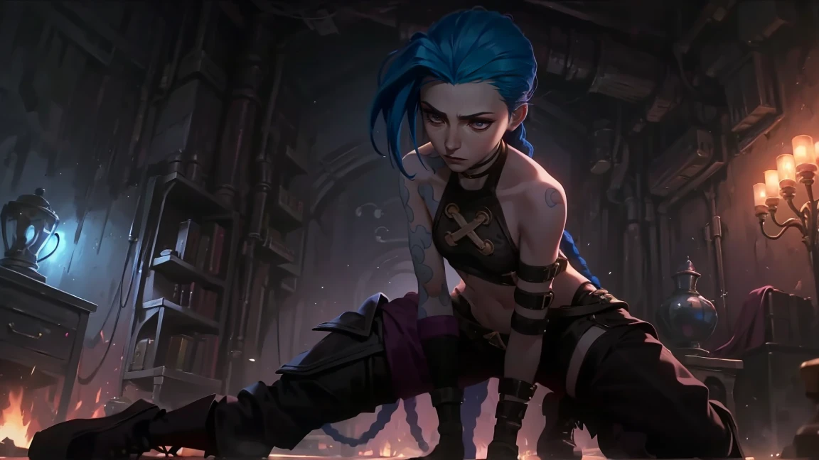 very sexy, crazy look, длинные синие hair заплетены в косы, full length (full body 1.1.), tight leather pants, Jinx's character design, stands on the edge of the roof, fantasy city, night, explosions, fire, Sparks, Purple Flashes, beautiful figure, Arcane Curse, Bright blue and purple Sparks all around, burning eyes, Pink Shiny eyes, длинные hair, hair, braided in long braids, Pigtails hang below the knee, Hair color changes from bright blue to navy blue., leather boots on the feet, Top with four gold circles on the chest in the middle of the chest., Blue cloud tattoo on shoulders and waist., long bangs, hanging on the right side, чрезвычайно подробные обои CG Unity 8k, detailed light, Cinematic lighting, Chromatic aberration, sparkling, inexpressive, epic composition, dark in the background, Chereter Design, very detailed, detailed body, Vibrating, detailed face, sharp focus, anime art, Vibrating, detailed face, Hugh Details, sharp focus, Detailed eye, Super lovely illustration, best shadow, finely detail, beautiful detailed glow, beautiful detailed, extremely detailed, inexpressive, epic composition,