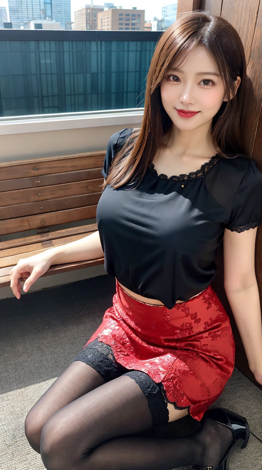 highest quality, masterpiece, 8K, ultra high resolution, (realistic: 1.4), 1 girl, beautiful face, symmetrical eyes, Japanese, smile, brown hair, perfect body proportions, full body, smile , large , high heels, wearing makeup , pantyhotight laced fabric blouse), ((red lace fabric blouse)), ((silk black color skirt)), ((tight fitting skirt )), (laced short sleeve) , rooftop, sitting on bench, crossed legs, (legs shown: 1.4)