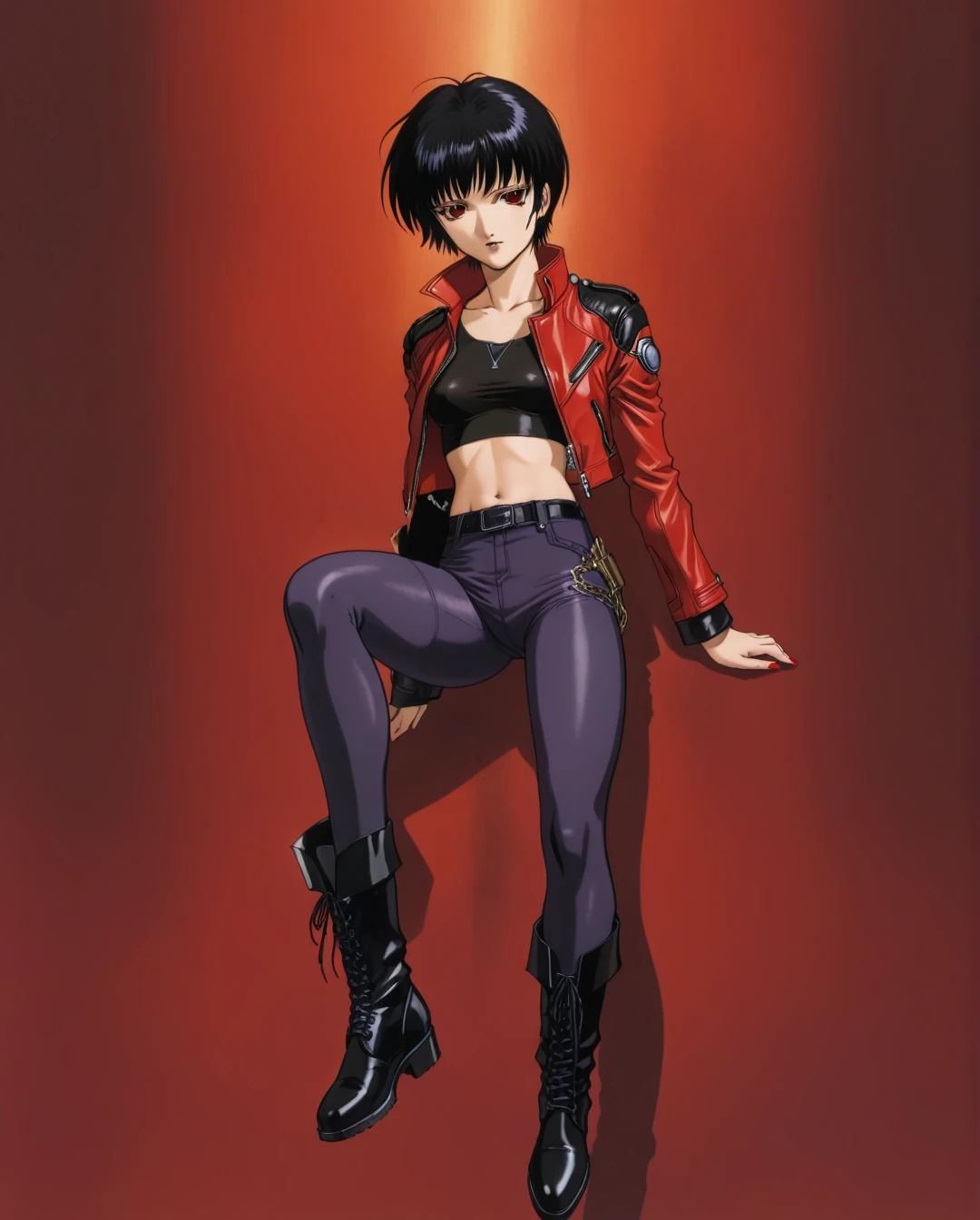 amano yoshitaka, a full-body, high-resolution anime style of A woman with black pixie cut hair, dressed in black tights, black boots, black crop top, and red leather jacket