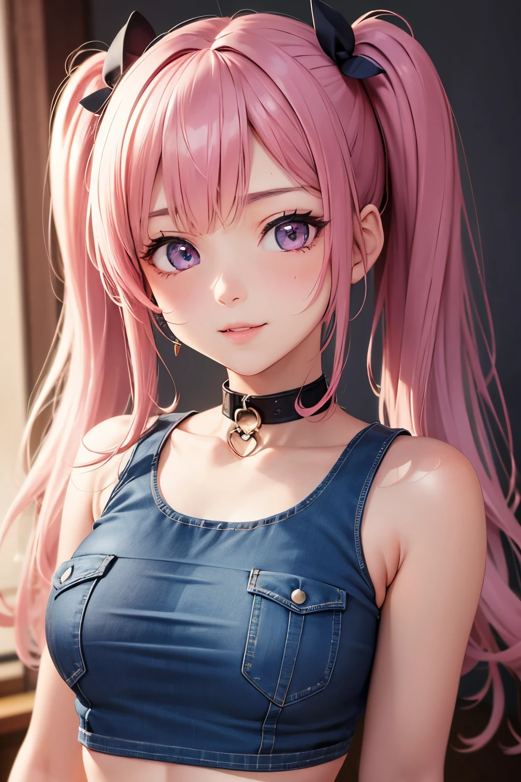 masterpiece, best quality, highly detailed, high resolution, expensive resolution, high resolution, 4k, 8k, uniform 8k wallpaper, highly detailed CG, masterpiece, 2d, 3d, beautiful details, depth, fine texture, best quality: 1.3, perfectly focused, crispy. skin, him, very cute anime girl, name is Mei, short twintails, idol, tank top, denim mini skirt, pink short twintails wearing expensive, mole under eye, looking at the viewer, expensive, blush, mole, parted lips, pink eyes, heart shaped choker, smiling face