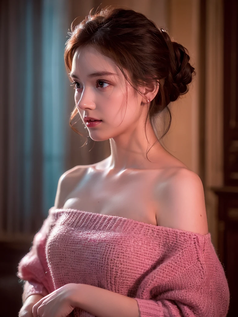 Best Quality, Masterpiece, Ultra High Resolution, (Realisticity: 1.4), Original Photo, 1girl, Pink Off-the-Shoulder, Cinematic Lighting