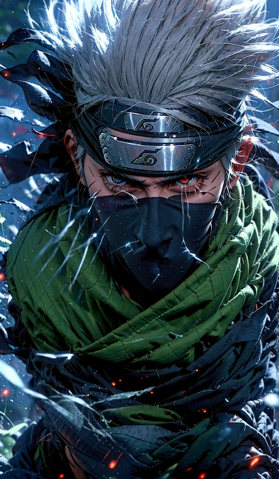 score_9, score_8_up,source_anime, 1boy, kakashi, grey hair, covered mouth, mouth mask, red eye, scar across eye, forehead protector, gloves, 1 konoha leaf symbol head band, mature, green vest, pants,solo, looking at viewer, angry, standing, cowboy shot, outdoors, forest, anime screencap, anime coloring,kakashi hatake(dramatic, gritty, intense:1.4),masterpiece, best quality, 8k, insane details, intricate details, hyperdetailed, hyper quality, high detail, ultra detailed, Masterpiece,(white hair:1.2), right eye is closed by mask, Kakashi Hatake in Naruto shippuden, holographic reality, motion blur, game light effect, full length shot, 3D artist, detailed, futuristic, lightning,