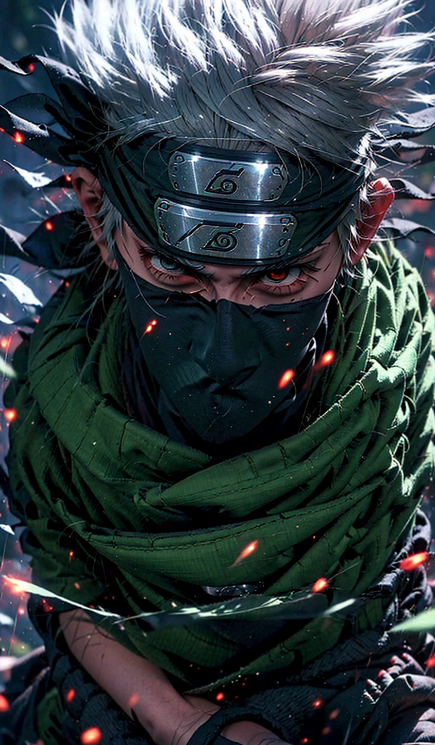 score_9, score_8_up,source_anime, 1boy, kakashi, grey hair, covered mouth, mouth mask, red eye, scar across eye, forehead protector, gloves, 1 konoha leaf symbol head band, mature, green vest, pants,solo, looking at viewer, angry, standing, cowboy shot, outdoors, forest, anime screencap, anime coloring,kakashi hatake(dramatic, gritty, intense:1.4),masterpiece, best quality, 8k, insane details, intricate details, hyperdetailed, hyper quality, high detail, ultra detailed, Masterpiece,(white hair:1.2), right eye is closed by mask, Kakashi Hatake in Naruto shippuden, holographic reality, motion blur, game light effect, full length shot, 3D artist, detailed, futuristic, lightning,