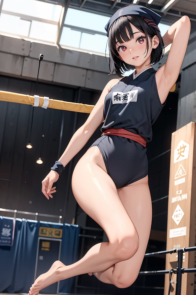 (top-quality、in 8K、32K、masterpiece、超A high resolution、Impresionismo、Photorealsitic:1.2)、Full body, Inside the gymnasium、Volleyball Court、beauitful face、blurry backround、16-year-old beautiful girl、shinny skin、bob cuts、Beautiful black hair、Red Eyes、(Hachimaki:1.2)、all nude:1.5、Curve、dynamicposes、jump、