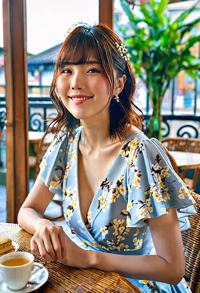 (Highest quality,8K quality,masterpiece:1.3),(Ultra-high resolution,Realistic:1.4,Live Shooting),(Very detailed,Caustics),(Ultra-Realistic Capture,(((Afternoon tea))),Beautiful and detailed skin),19 years old,Beautiful Japanese, Medium Hair, Asymmetrical bangs, Brown Hair, I'm looking at the camera with a smile on my face,Soft Light,A ray of light shining from above,Natural light，((Summer Dresses))，(((One Woman))),Cafe Terrace