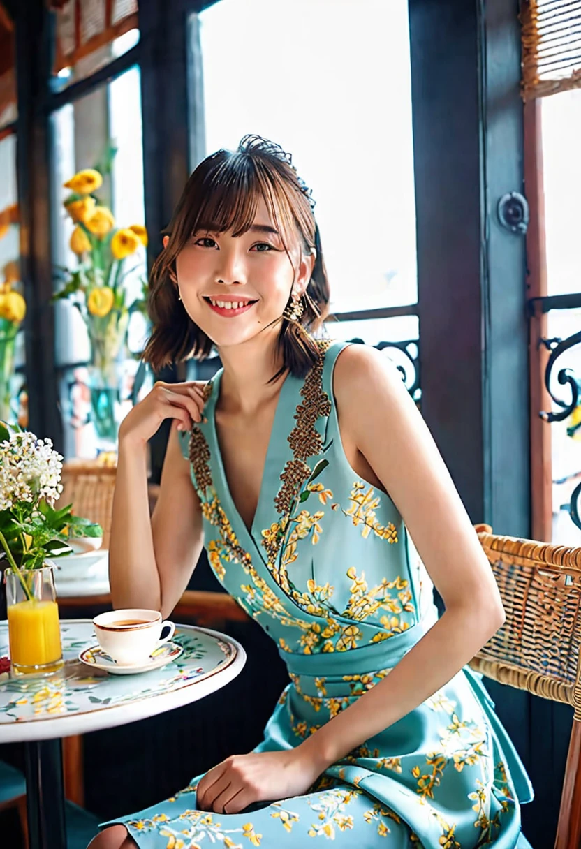 (Highest quality,8K quality,masterpiece:1.3),(Ultra-high resolution,Realistic:1.4,Live Shooting),(Very detailed,Caustics),(Ultra-Realistic Capture,(((Afternoon tea))),Beautiful and detailed skin),19 years old,Beautiful Japanese, Medium Hair, Asymmetrical bangs, Brown Hair, I'm looking at the camera with a smile on my face,Soft Light,A ray of light shining from above,Natural light，((Summer Dresses))，(((One Woman))),Cafe Terrace