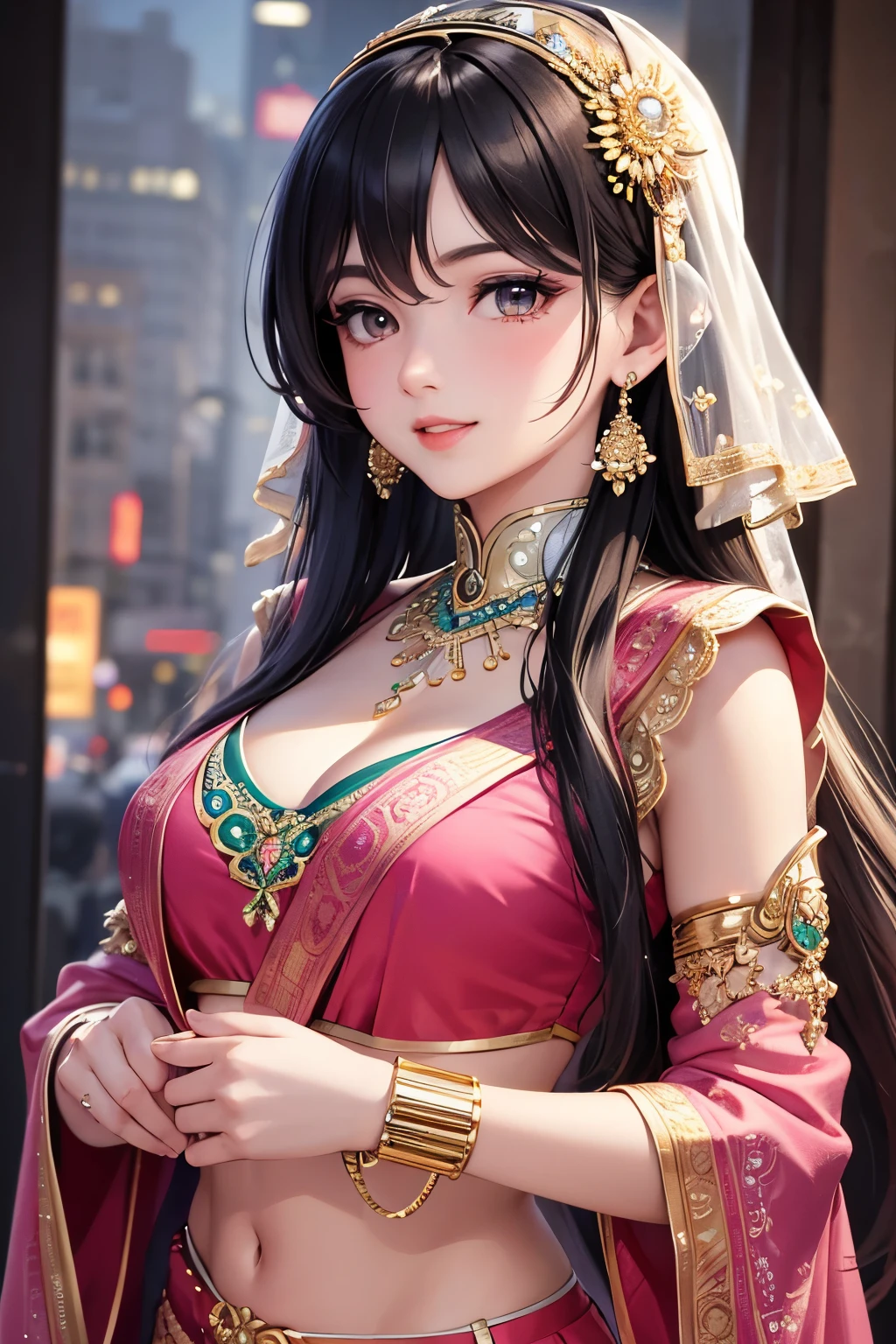 masterpiece, best quality, highly detailed, high resolution, expensive resolution, high resolution, 4k, 8k, uniform 8k wallpaper, highly detailed CG, masterpiece, 2d, 3d, beautiful details, depth, fine texture, best quality: 1.3, perfectly focused, sharp. skin, him, very cute anime girl, cute 20s girl in indian costume saree, big breasts, pink medium long hair in expensive clothes, mole under eye, looking at the viewer, expensive, blush, mole, open lips, pink eyes, smiling heart shaped choker