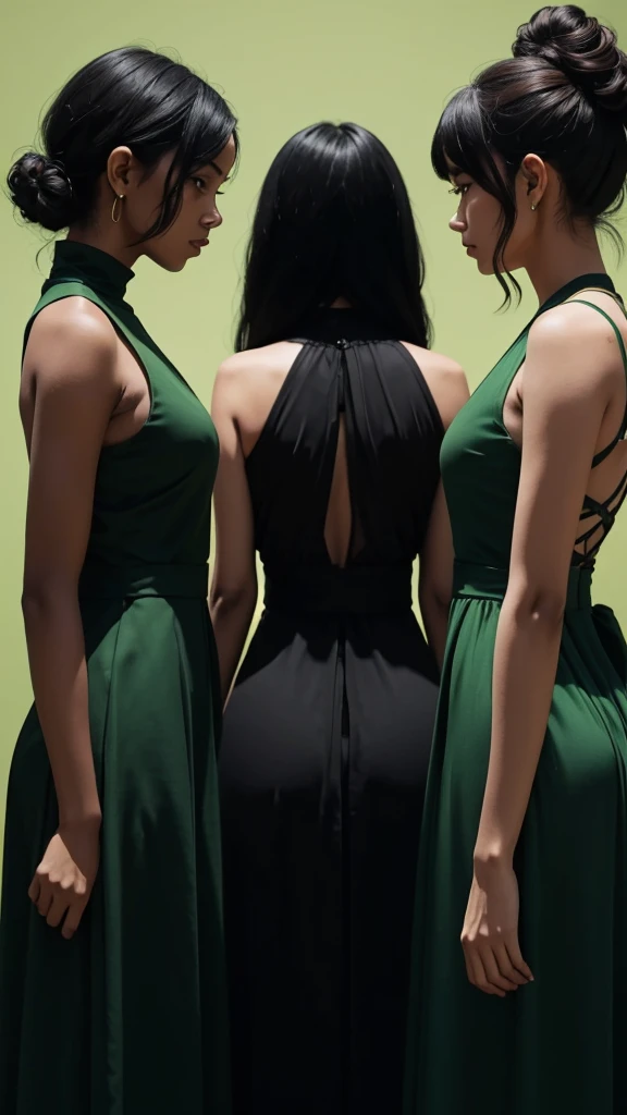 three women silhouettes with green background with black ((back line)) like a shadow