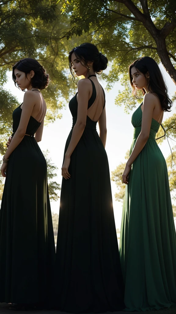 three women  silhouettes with green background with black ((back line))   like a shadow  