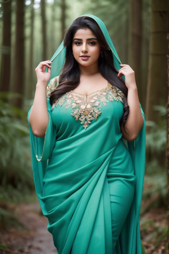 1 Heavenly beautiful and goddess beauty cute and sweet looking face Arabian woman in front of rainy forest, Heavenly beautiful Overweight, Heavenly beautiful Extremely fat, Heavenly beautiful and attractive Chubby figure , Heavenly beautiful looking and eye catching luxury style saree , reaching out, Heavenly beautiful Arabian woman, 16k, High resolution, masterpiece, highest quality, fine skin, close up figure view, Realistic Photograph
