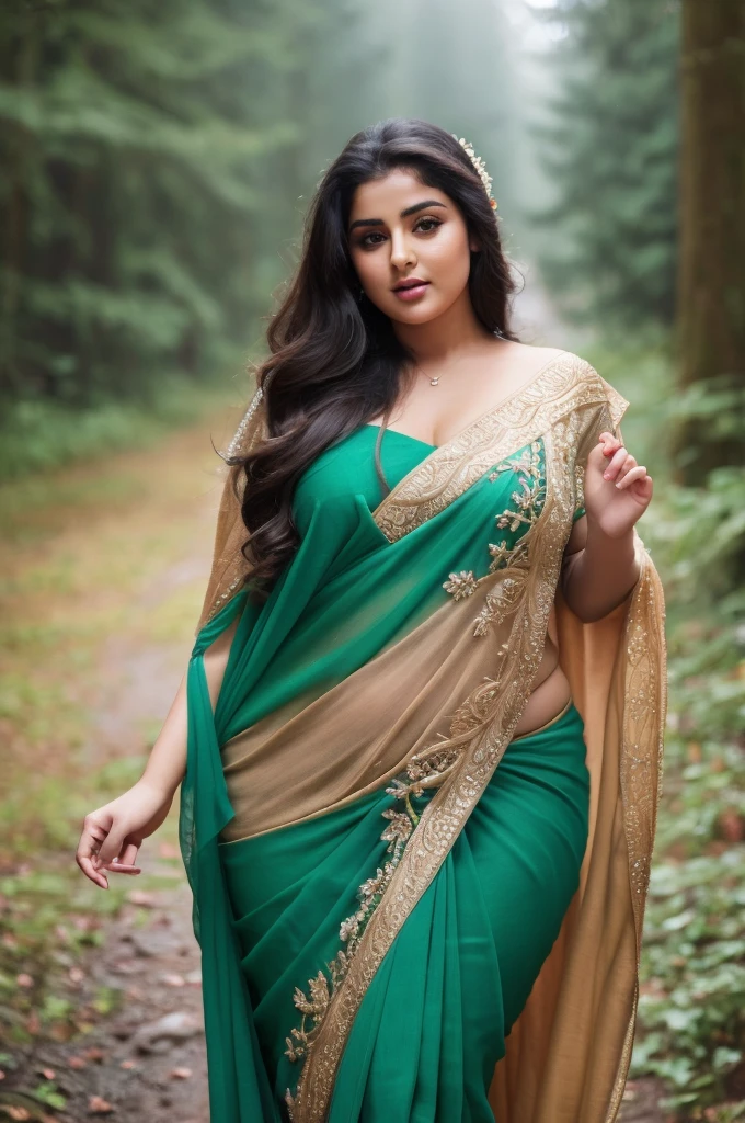 1 Heavenly beautiful and goddess beauty cute and sweet looking face Arabian woman in front of rainy forest, Heavenly beautiful Overweight, Heavenly beautiful Extremely fat, Heavenly beautiful and attractive Chubby figure , Heavenly beautiful looking and eye catching luxury style saree , reaching out, Heavenly beautiful Arabian woman, 16k, High resolution, masterpiece, highest quality, fine skin, close up figure view, Realistic Photograph