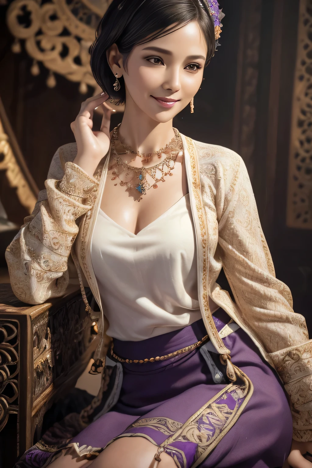 (realistic:1.3), insane detailed, quality, (masterpiece:1.2), (photorealistic:1.2), (best quality), (detailed skin:1.3), (intricate details), ray tracing, ((half body)), ((1woman)), (((1 person))), 40 years old, short hair, smile, purple dress, skirt with pattern, color contrast between the dress and the skirt, skirt pattern, earrings, necklace, Javanese ornament, (blurred background)