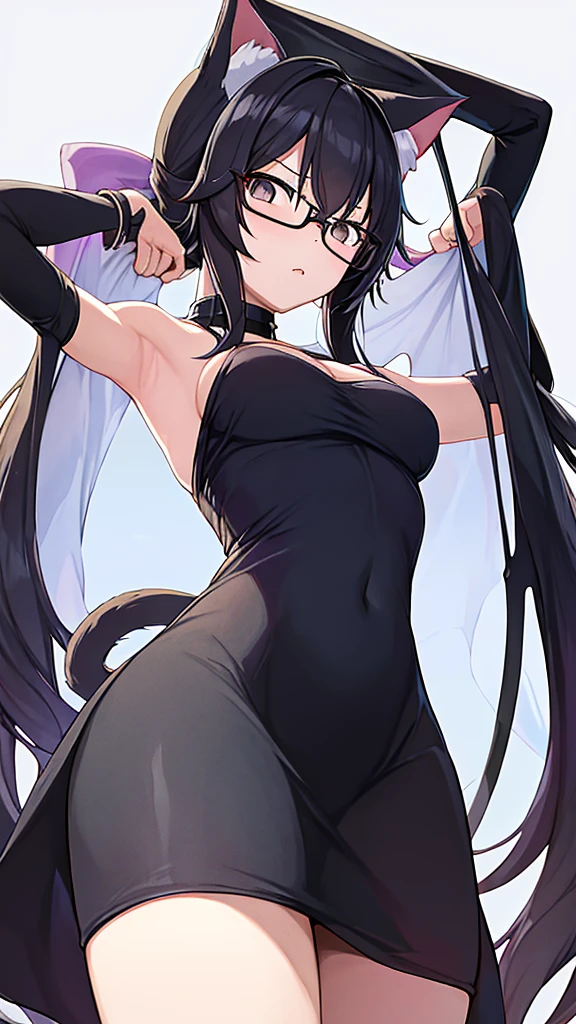 A 20-year-old cat girl with long black hair, gray eyes, cat ears and a cat tail, wears glasses, black  long dresses sexy, sleeveless, standing, looking