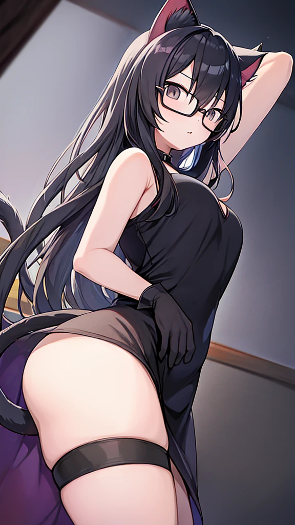 A 20-year-old cat girl with long black hair, gray eyes, cat ears and a cat tail, wears glasses, black  long dresses sexy, sleeveless, standing, looking