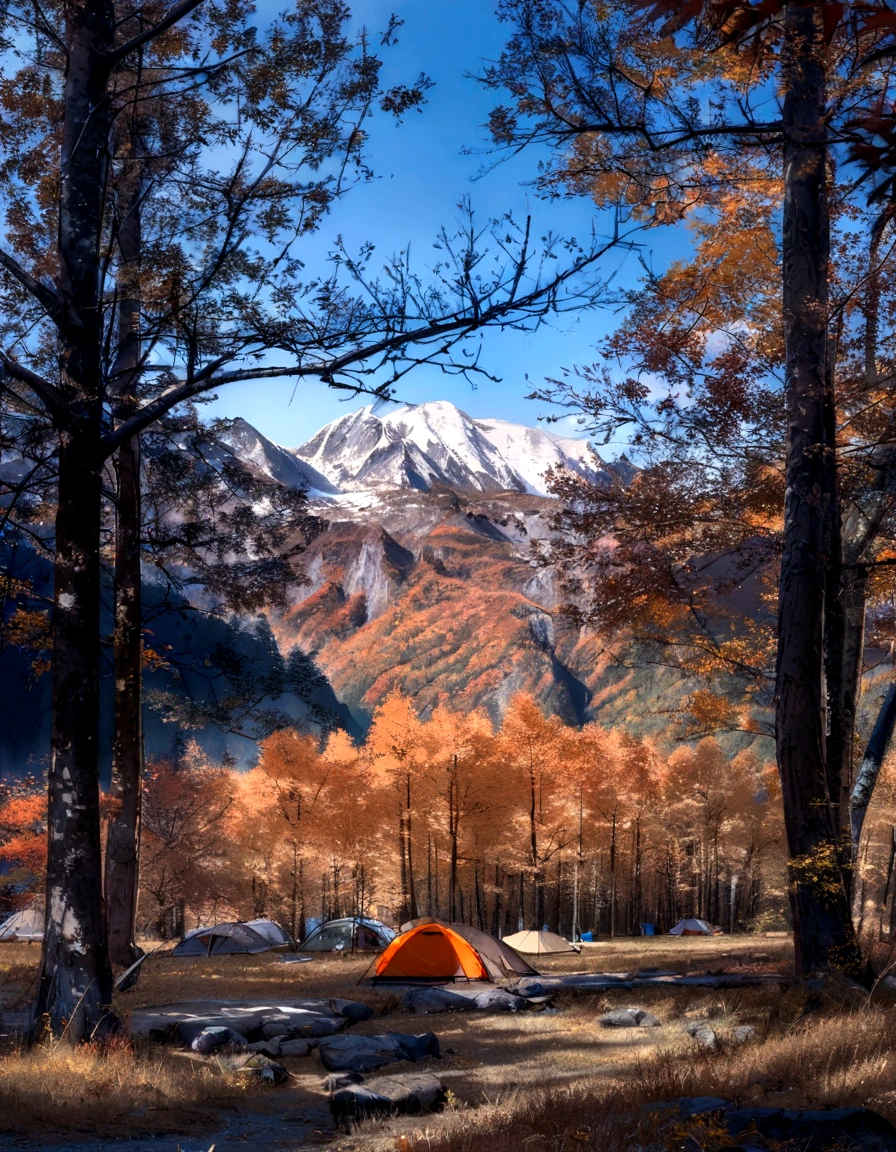 arafed tent in a forest with a mountain in the background, campsites, tent camp in foreground, against the backdrop of trees, mountain in the background, mountain forest in background, in the mountains, in a mountain valley, autumn mountains, moutain in background, mountain in background, mountains on the background, camping, epic mountains in the background
