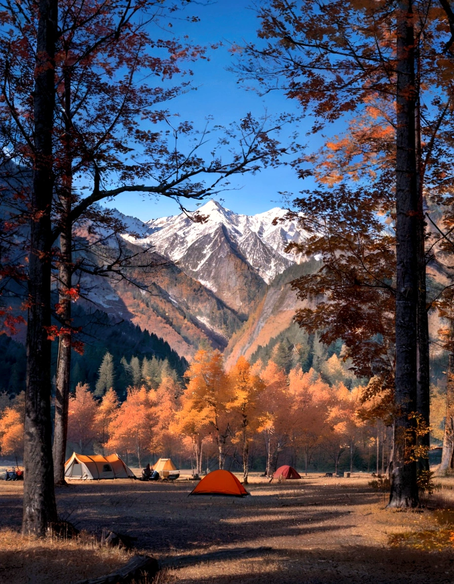 arafed tent in a forest with a mountain in the background, campsites, tent camp in foreground, against the backdrop of trees, mountain in the background, mountain forest in background, in the mountains, in a mountain valley, autumn mountains, moutain in background, mountain in background, mountains on the background, camping, epic mountains in the background
