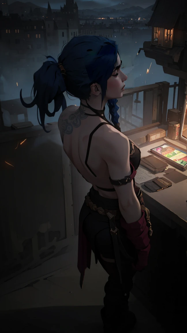 Panoramic view, Roof of the building, city below, Fantasy City, The camera looks at Jinx from above., Like in a computer game, Jinx's character design, Dynamic movements, Standing Half-Sideways, stands on the edge of the roof, Fantasy City, City of Piltover, night, explosions, fire, smoke, Sparks, Purple Flashes, sexy pose, beautiful figure, Arcane Curse, Bright blue and purple Sparks all around, Brilliant eyes, Pink Brilliant eyes, длинные hair, hair, braided in long braids, Pigtails hang below the knee, Hair color changes from bright blue to navy blue., Dressed in brown breeches, leather boots on the feet, Top with four gold circles on the chest in the middle of the chest., Blue cloud tattoo on shoulders and waist., long bangs, hanging on the right side, Belt with cartridges on belt, Secret style, чрезвычайно подробные обои CG Unity 8k, detailed light, Cinematic lighting, Chromatic aberration, sparkling, inexpressive, epic composition, dark in the background, Chereter Design, Very detailed, detailed body, Vibrating, detailed face, sharp focus, anime art, Vibrating, detailed face, Hugh Details, sharp focus, Very downcast face, Detailed eye, Super lovely illustration, best shadow, finely detail, beautiful detailed glow, beautiful detailed, extremely detailed, inexpressive, epic composition,