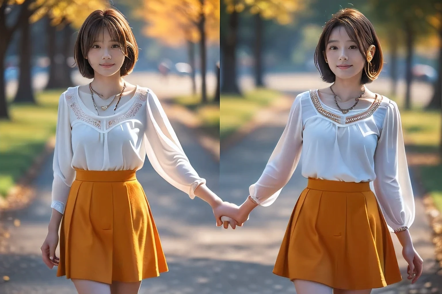 (A 4 year old girl and an 18 year old girl:1.5)、(Walking hand in hand in the park:1.5)、(A gentle smile facing the child:1.5)、(18 year old woman with children:1.5)、(The best quality at its best:1.4), (Super detailed), (Very detailed CG unified 16k), Beautiful woman with perfect figure: 1.4, Sharp focus: 1.2, Very detailed, High-quality RAW color photos, Professional photography, Great face and eyes, cosmetics, (Amazingly beautiful girl), ((White blouse with long flare skirt:1.5)), Realistic movie faces, Full body long view from head to toe, Realistic, ((Realistic natural orange red hairstyle)), ( Short Bob Hair:1.5), (necklace:1.5)、, Very beautiful face, Perfect model beauty, Mouth swelling, Highly detailed face and skin texture, Fine grain, double eyelid, Medium chest, (masterpiece), Highest quality, High resolution, Very detailed, Blurred Background, Depth of written boundary, Cinema Lighting, Great legs, , Clear, well-maintained skin,((Full body shot from head to toe:1.5))