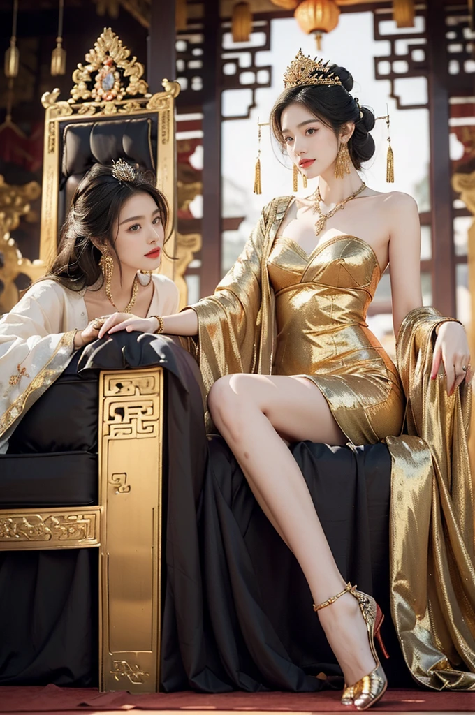 (((best quality))),(((ultra detailed))),(((masterpiece))),illustration,1 girl,solo,slim,thin,shoulder length straight bob hair,earrings,necklace,small breasts,flat chest,slender legs,high heels,Asian appearance,princess,royal,Chinese palace,night scene,magnificent dragon gown,golden crown,intricate embroidery,luxurious fabric,precious stones,(sitting on the metallic throne:1.3),decorative patterns,rich decorations,luxurious furnishings,regal charm,beautiful face,gentle smile,bright eyes,historical,traditional,city lights,modernity,frozen moment,beauty of the past,evolution of time,from front,full body,Hands on both sides