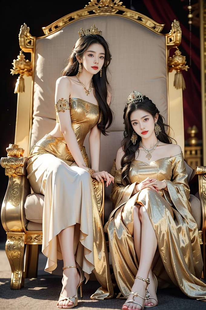 (((best quality))),(((ultra detailed))),(((masterpiece))),illustration,1 girl,solo,slim,thin,shoulder length straight bob hair,earrings,necklace,small breasts,flat chest,slender legs,high heels,Asian appearance,princess,royal,Chinese palace,night scene,magnificent dragon gown,golden crown,intricate embroidery,luxurious fabric,precious stones,(sitting on the metallic throne:1.3),decorative patterns,rich decorations,luxurious furnishings,regal charm,beautiful face,gentle smile,bright eyes,historical,traditional,city lights,modernity,frozen moment,beauty of the past,evolution of time,from front,full body,Hands on both sides