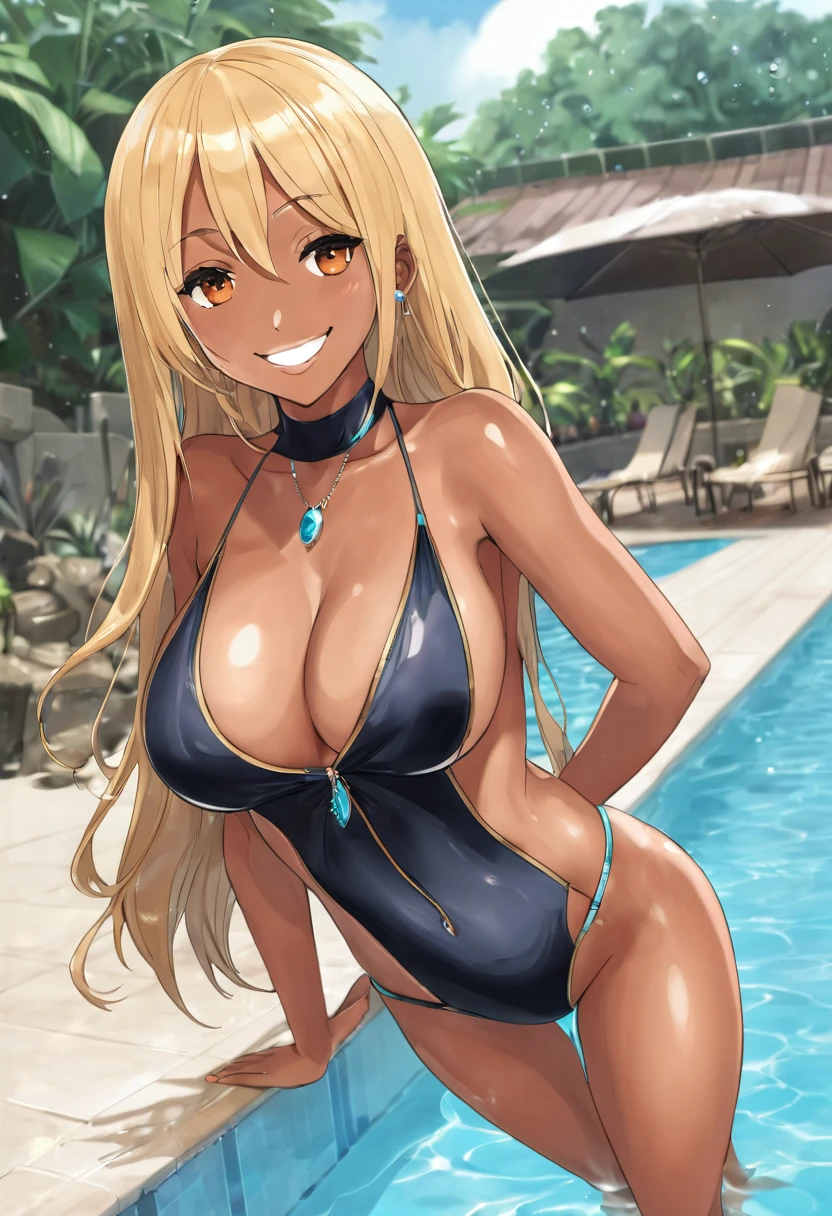 1girl, breasts, dark-skinned female, solo, dark skin, blonde hair, swimsuit, smile, one-piece swimsuit, pool, covered navel, long hair, large breasts, looking at viewer, choker, cleavage, blush, bangs, jewelry, orange eyes, collarbone, wet, earrings, competition swimsuit, highleg, thighs, water