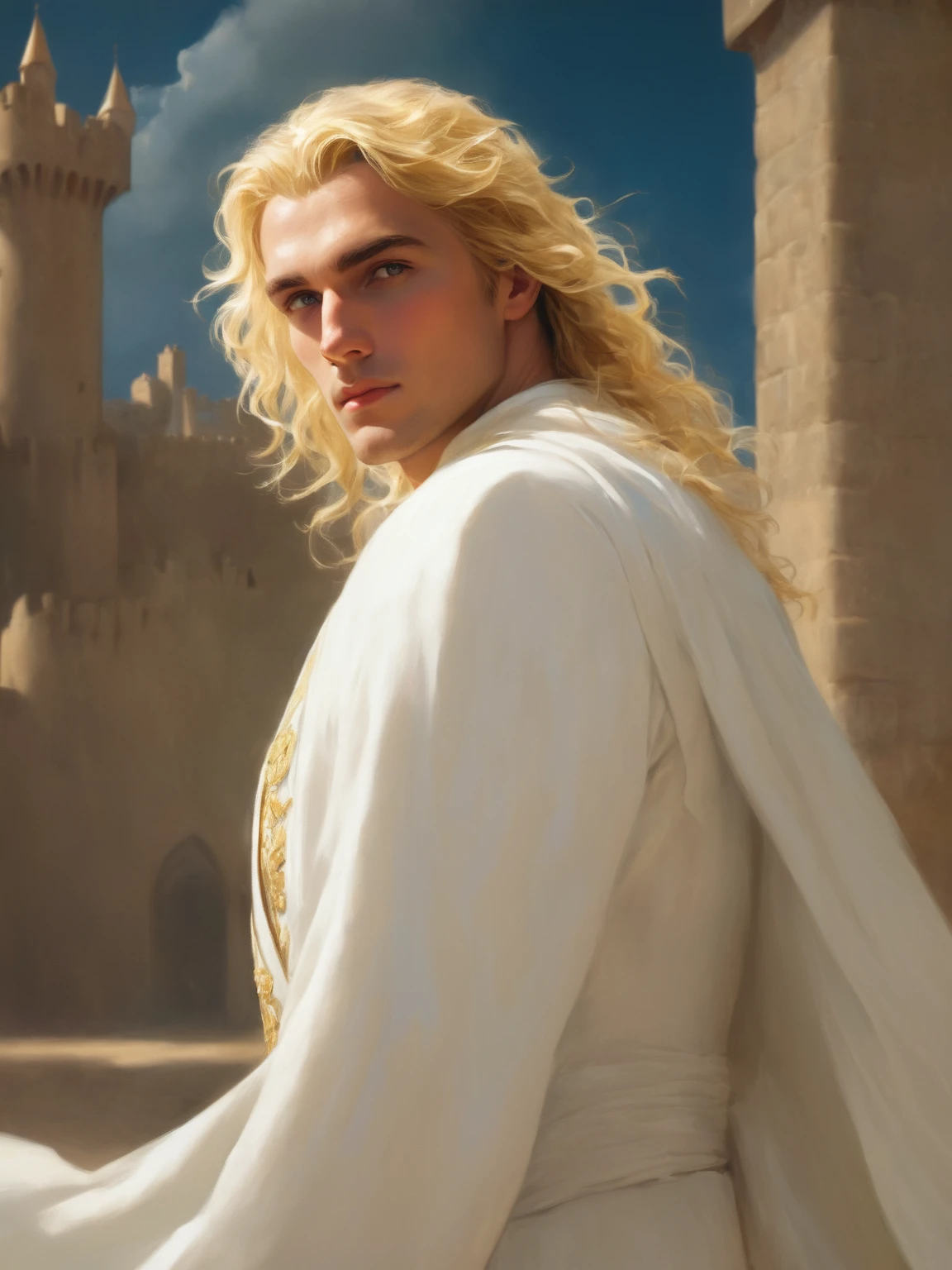 ((best quality),(masterpiece),(detailed),a man with golden hair and yellow eyes, dressed in white clothes, castle behind,beautiful,(cinematic),(dramatic lighting),(digital painting),(photorealistic),(ultra-realistic),(hyper detailed),(epic),(fantasy),(cinematic composition),(heroic pose),(dramatic), (perfect eyes)

