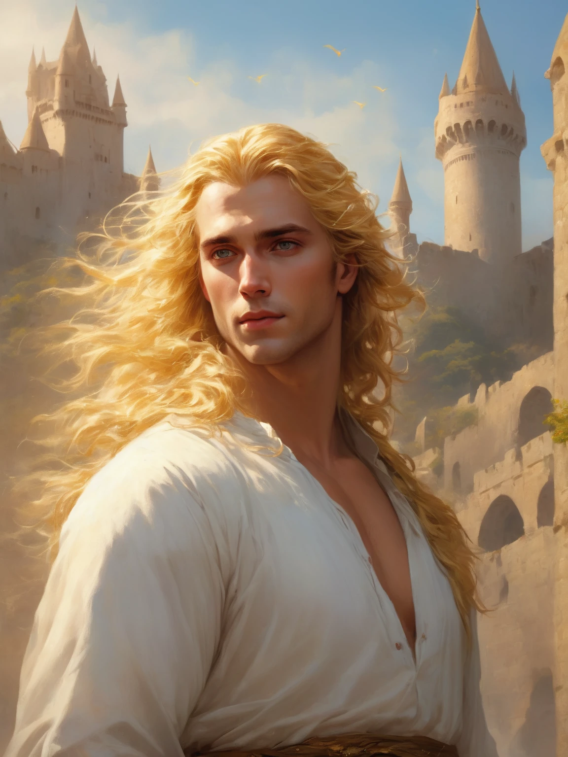 ((best quality),(masterpiece),(detailed),a man with golden hair and yellow eyes, dressed in white clothes, castle behind,beautiful,(cinematic),(dramatic lighting),(digital painting),(photorealistic),(ultra-realistic),(hyper detailed),(epic),(fantasy),(cinematic composition),(heroic pose),(dramatic), (perfect eyes)
