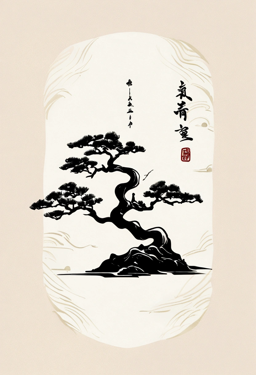 bonsai tree,chinese calligraphy painting, minimalist style, For designing white t-shirts, rzminjourney, vector art