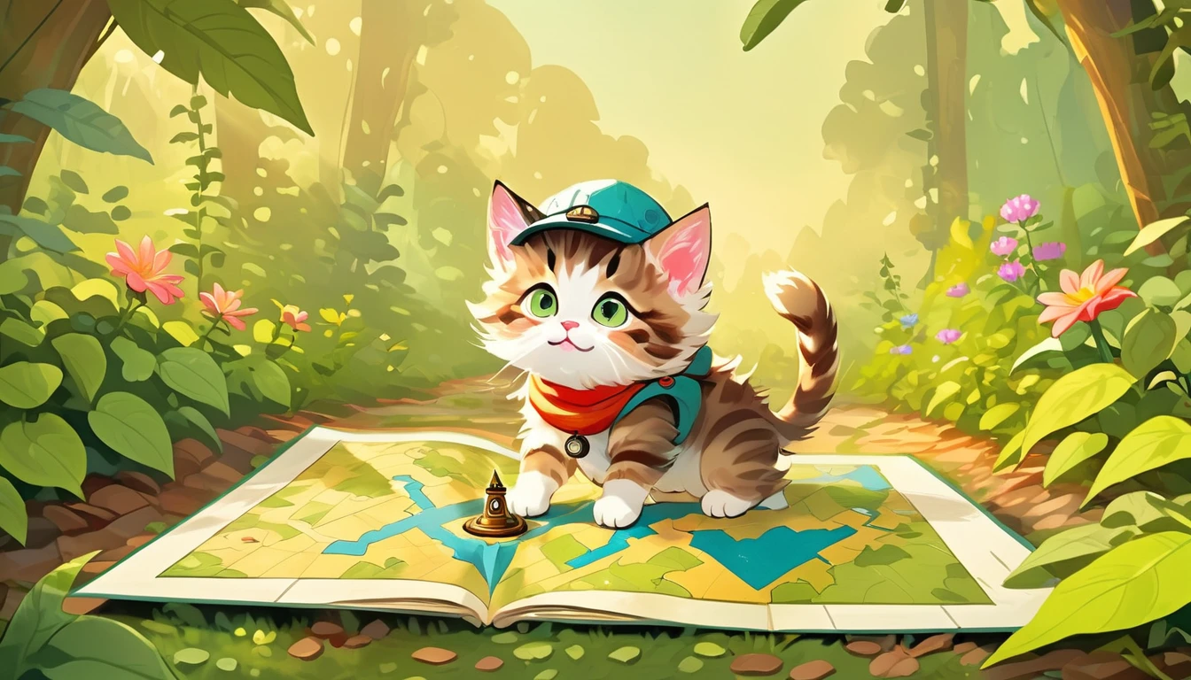 Small whimsical painting, Adventurous kitten in a little explorer hat, Navigating the Garden Jungle, With a map and compass in hand, On the roof
