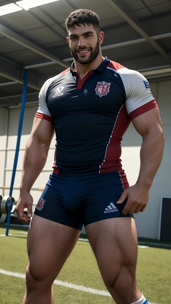 1 handsome man rugby player ,Full body, rugby player wearing sport tight pants, lifting shirt, pubic hair, rugby esportive uniform, wearing team rugby uniform, Black wavy short hair fade , nice big eyes, 30yo man with large smile, large detailed lips, hugby armor, hard light, muscular chest, long legs, staring at camera, arm tribal tattoo, Wide shoulders, infinite background, colorful uniform, vivid colors.