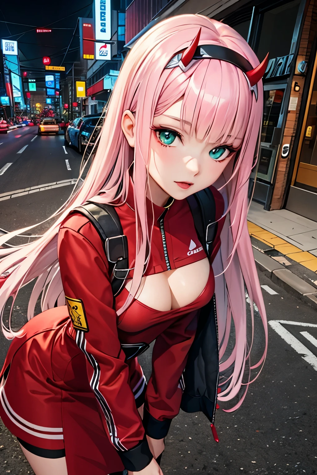 Masterpiece, top quality, best quality, official art, beautiful and aesthetic, anime, 1girl, Zero Two, extremely detailed, colorful, more detailed ((ultra-detailed)), (highly detailed CG illustration),horny,detailed face,pink hair, big green eyes, red dress, in middle,skinny fit, small breasts,cleavege,street,night,cyberpunk,fullbody shot.