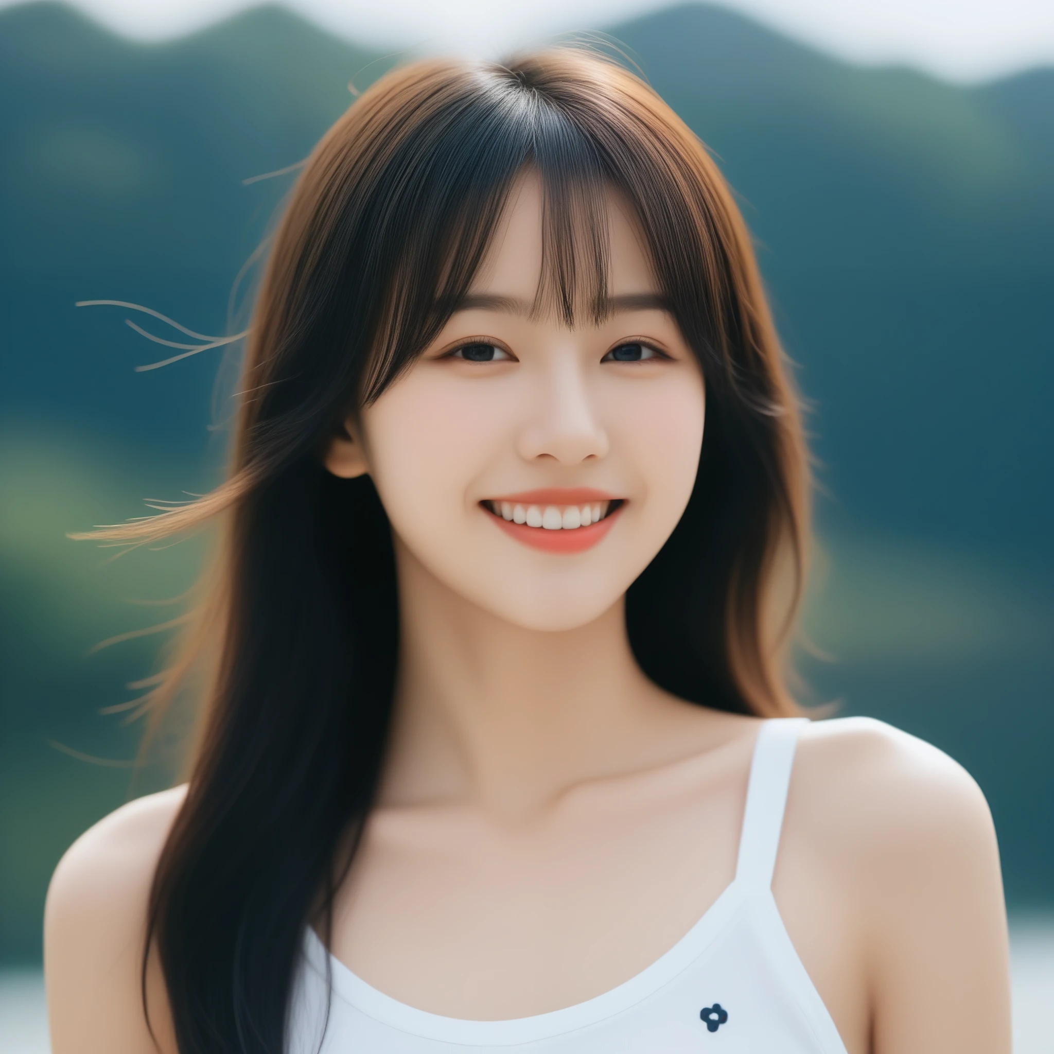 8K, Ultra-high resolution, Highest quality, masterpiece, 三分割法によるphotograph,Surreal, photograph, 1 girl, (16 years old:1.3), pretty girl, Cute face, Beautiful eyes in every detail, 細かくdetailedに,masterpiece,, One Girl:1.2, Japan Female Announcer,whole body、Black Hair、well-groomed eyebrows、Cute Lip Makeup、Urban area,Water Play,summer,Sparkling sunlight,Tank top,Cute gestures、so beautiful,A carefree smile,Healing the heart,blunt bangs,Looking at the audience、beauty,Long neck、Laugh a little、Please close your mouth and laugh、(((Ideal body type))),A-cup small breasts :2,、Portraiture:2、Perfect Anatomy、鮮明なdetailed、detailed、Surreal、Light and shadow,Strong light