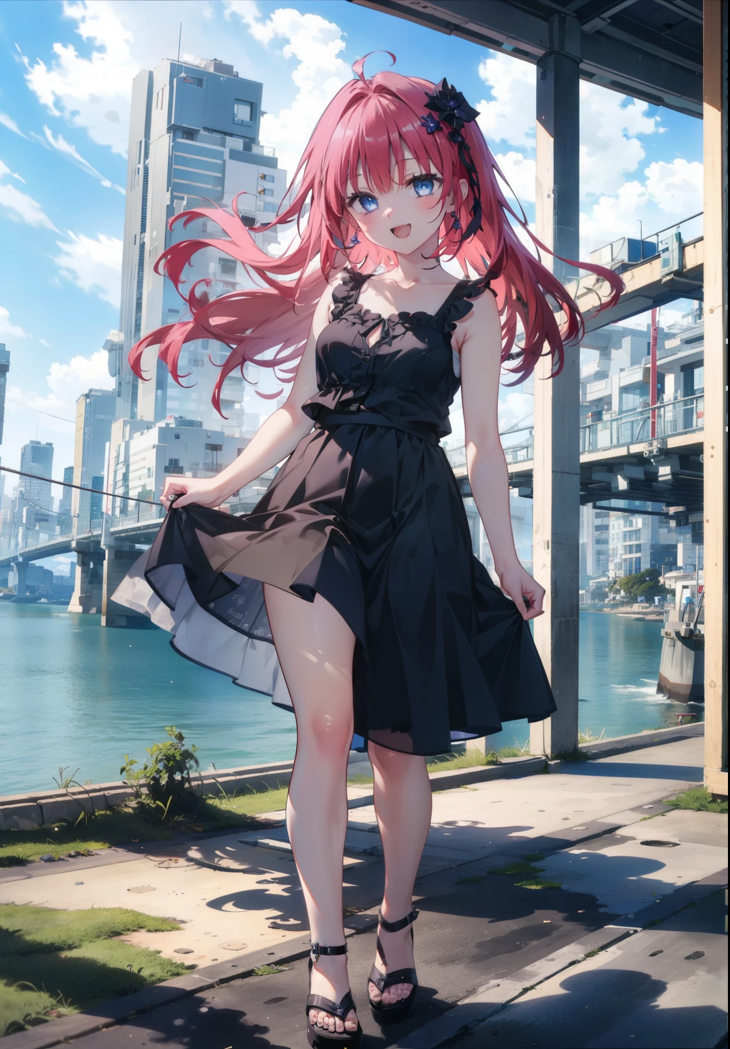 (masterpiece, Highest quality:1.2),shape,8K,High resolution,Say something happy smile, smile, Open your mouth,,Redhead,Long Hair,Purple eyes,1 Girl,sleeveless black dress,Bare arms,Black long skirt,Cute Sandals,walking,Daytime,Clear skies,
break looking at viewer,whole body,
break outdoors, Coastal Road,
break (masterpiece:1.2), Highest quality, High resolution, ユニティ 8K 壁紙, (shape:0.8), (Beautiful and beautiful eyes:1.6), Highly detailed face, Perfect lighting, Highly detailed CG, (Perfect hands, Perfect Anatomy),